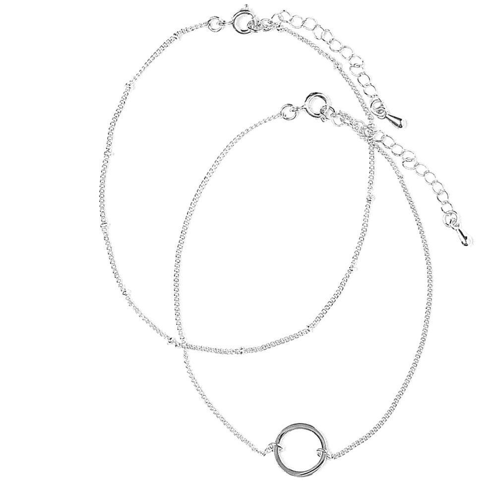 H & M 2-PK Linked Circle Anklet Bracelets- Silver